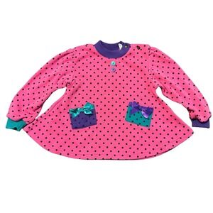 90s Girls 4T Pink Polka Dot Long Sleeve Flowy Shirt Vintage Purple Teal